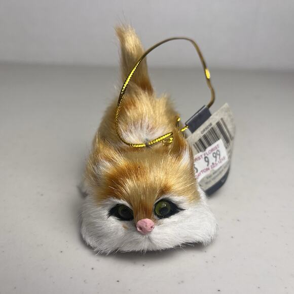 Cat Kitten Faux Fur Christmas Ornament Miniature Mini Glass Eyes Orange Black - Picture 9 of 15